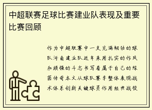 中超联赛足球比赛建业队表现及重要比赛回顾